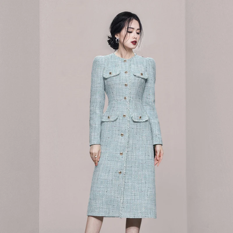 Abiti eleganti di alta moda per donna autunno inverno cielo blu Tweed manica lunga abito da donna abiti abito femminile Vestido SL107