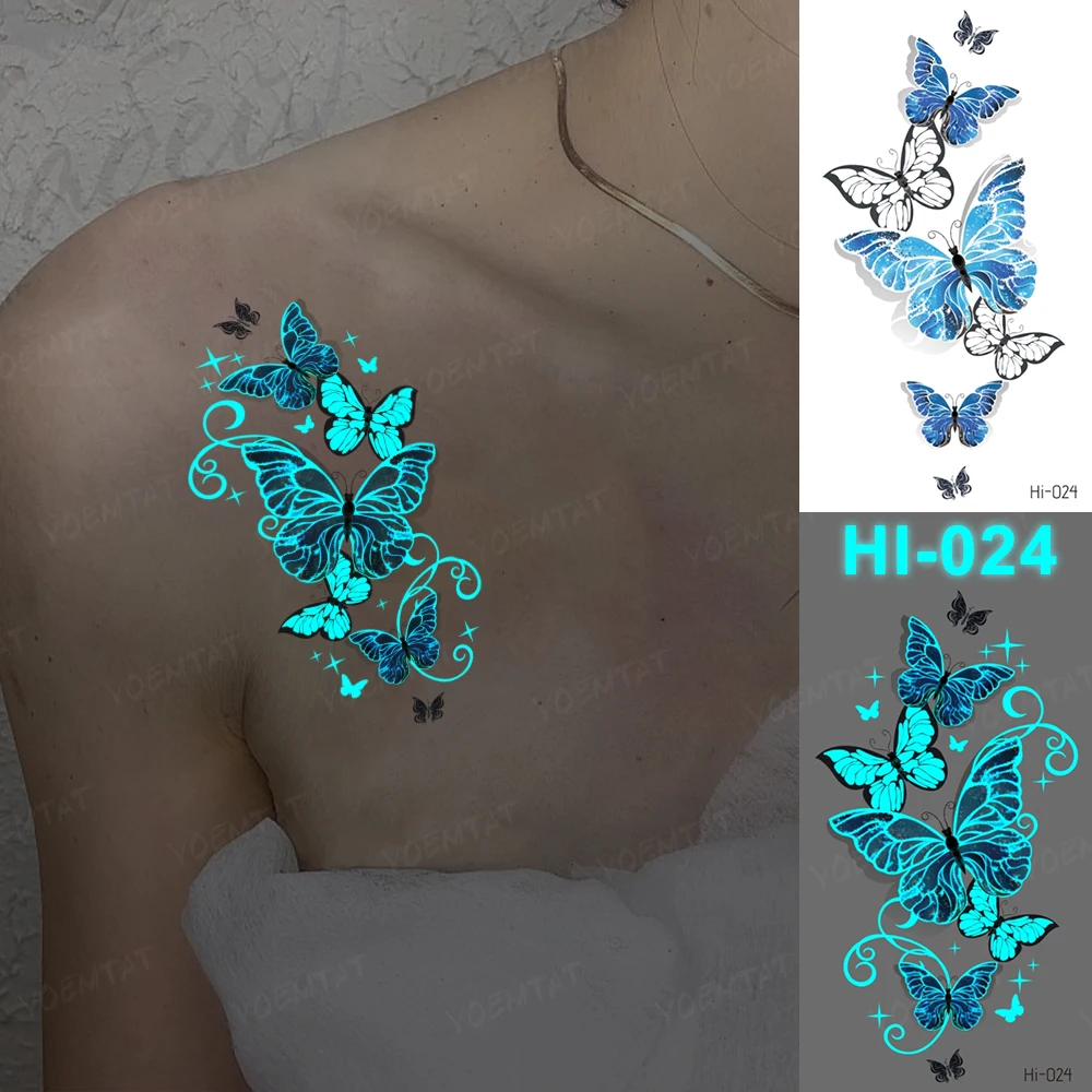 3D Blue Feather Luminous Tattoos Stars Wings Butterfly Cute Transfer Waterproof Temporary Tattoo Sticker Men Women Glowing Tatto