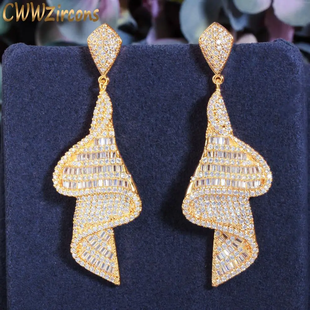 CWWZircons Geometric Sparkling Fancy White Cubic Zirconia Big Long Drop Earrings for Women Dubai Gold Color Bridal Jewelry CZ803