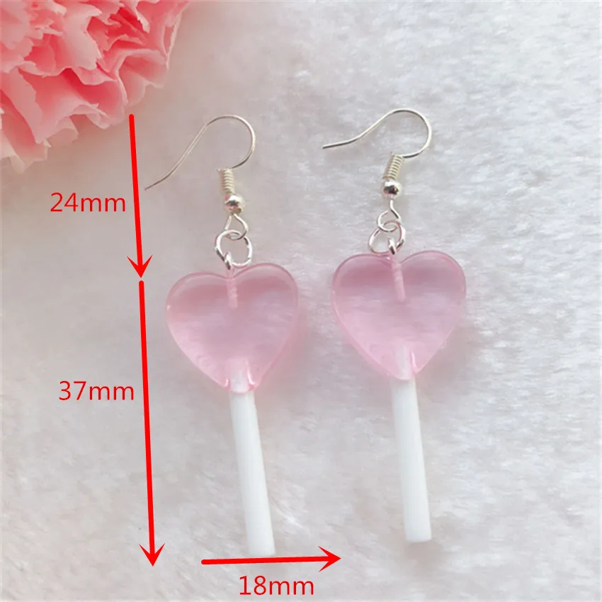 1Pair Cute Woman Drop Earrings Flatback Resin Heart Lollipops Multicolor Candy Fashion Jewelry For Girl