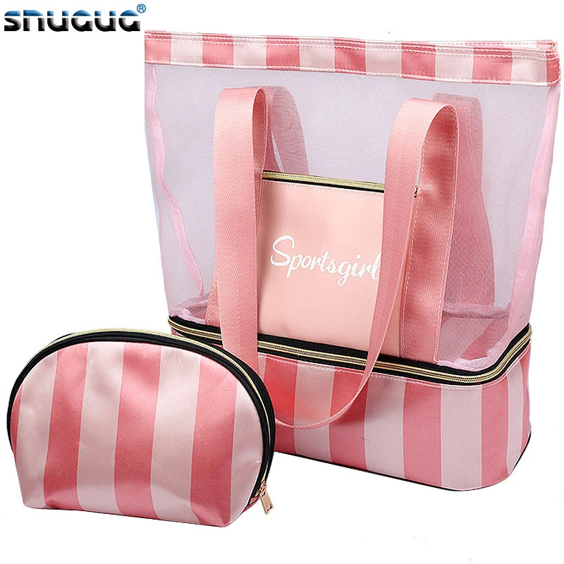 New 2024 Women Swimming Bag Mesh Bags Handbags Wet Dry Bags Net Tas Pool Beach Pouch Sack Sac De Sport Striped Clear Transparent