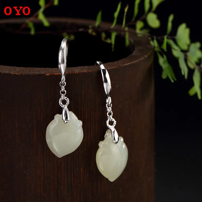 

925 pure silver restoring ancient ways natural hetian jade white jade high-grade joker woman earrings