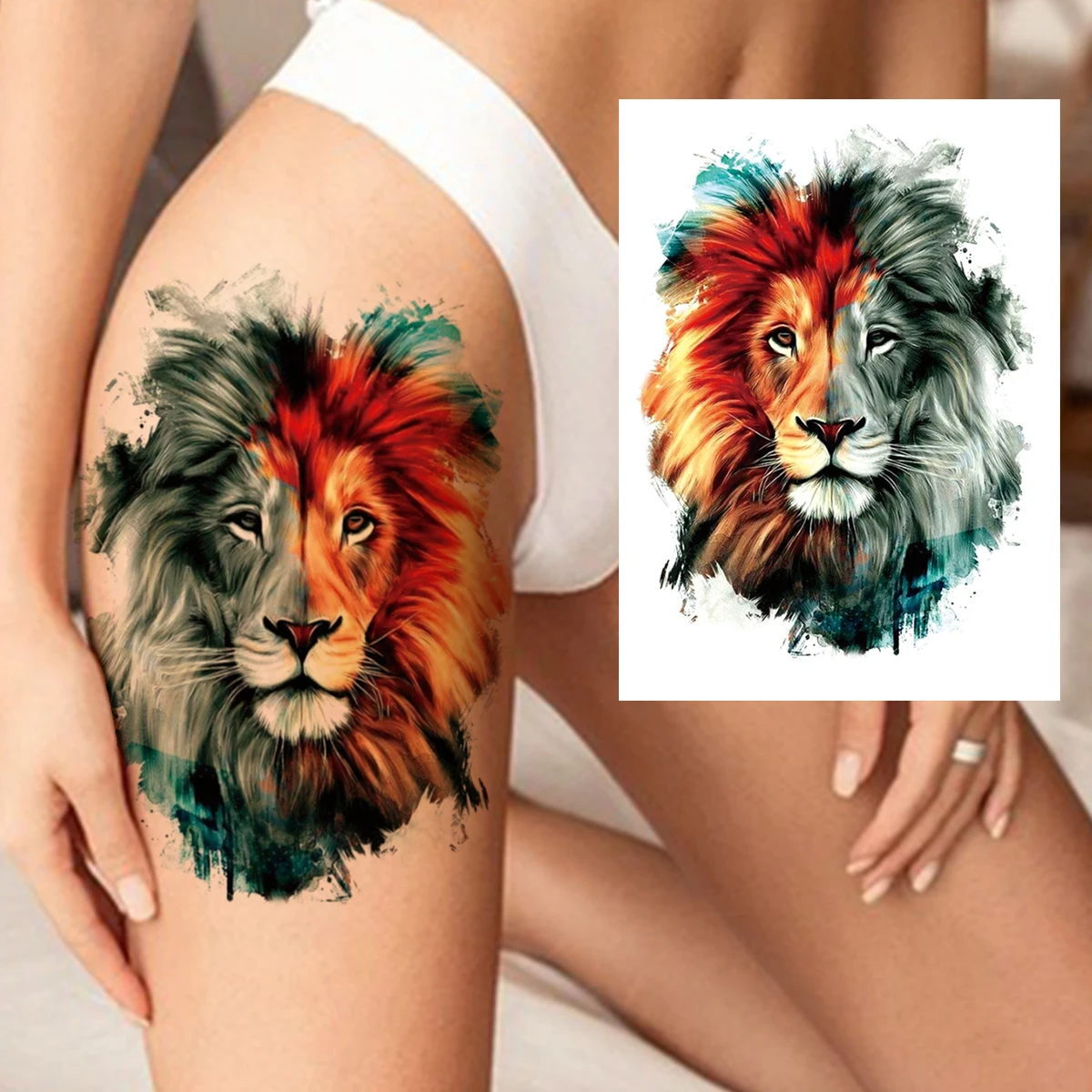 Tatuaje temporal de tigre León de acuarela para mujeres, hombres, adultos, niños, tatuaje realista de Animal falso, pegatina, tatuajes de
