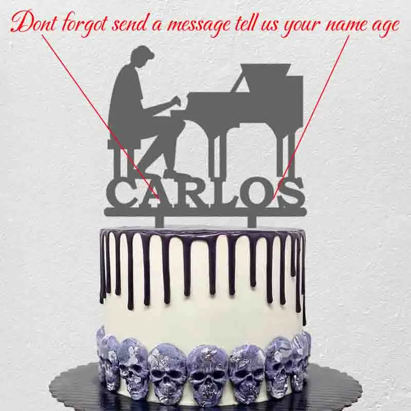 Personalized Pianist Art Cake Topper Custom Name Age Man Playing Piano Silhouette For Piano Fans Birthday Party Cake Decoration