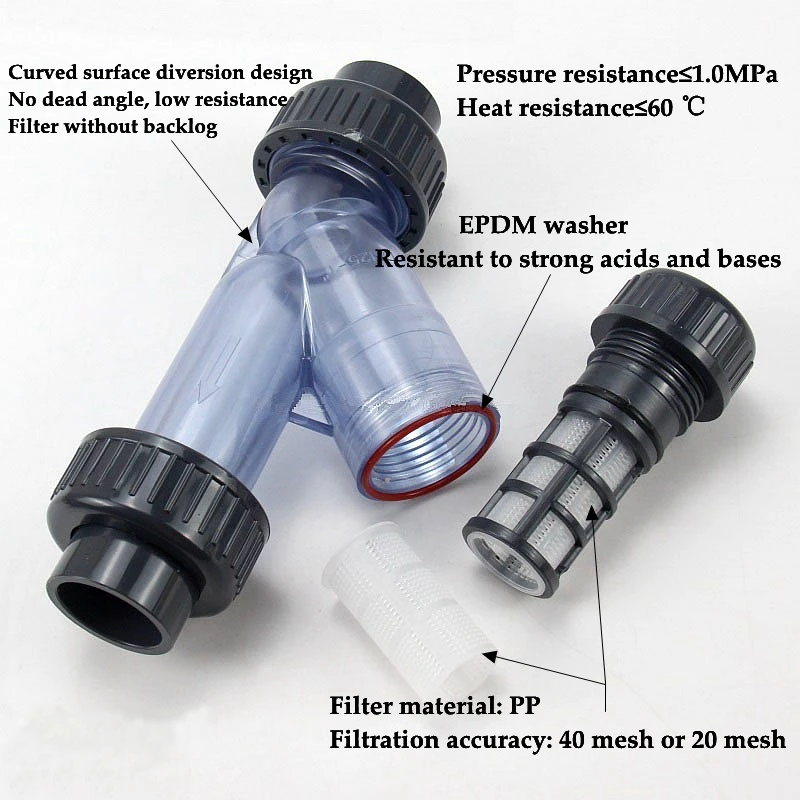 20mm ~ 63mm przemysłowe chemiczne najwyższej jakości UPVC filtr typu Y zbiornik akwarium Adapter nawadnianie ogrodu fajka wodna filtry Coulping