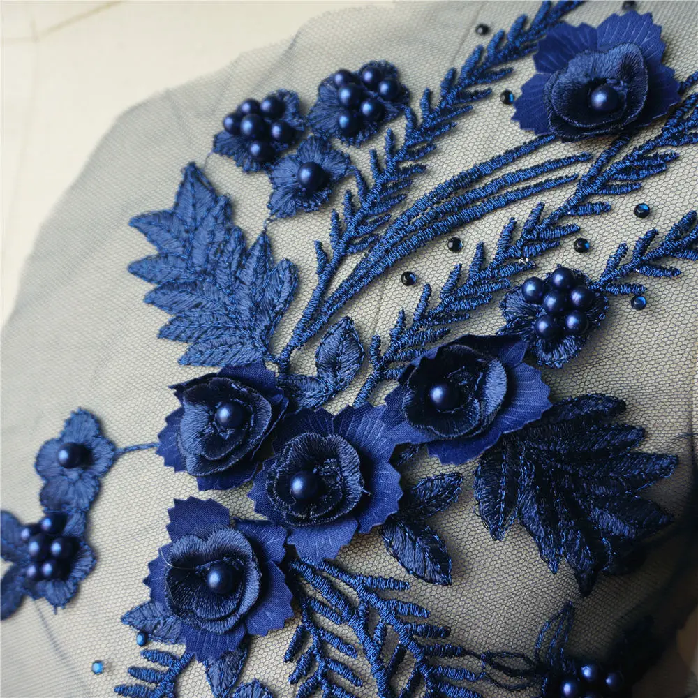 2PCS Navy Blue Lace Fabric 3D Flower Tassel Beads Rhinestone Embroidered Wedding Appliques Sew Patch For Dress DIY Decoration