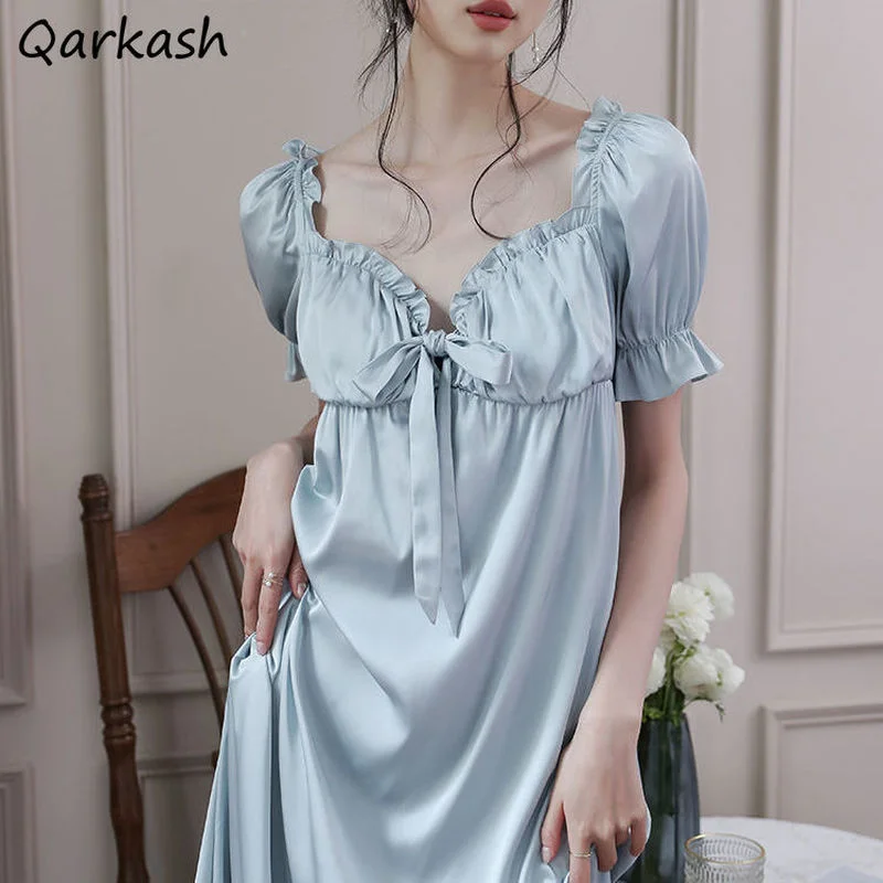 

Nightgowns Women Sexy Blue Pink Sweet Maiden Thin Elegant V-neck Mid-calf Loose Female Princess Sleep Home Fairy Comfortable Ins