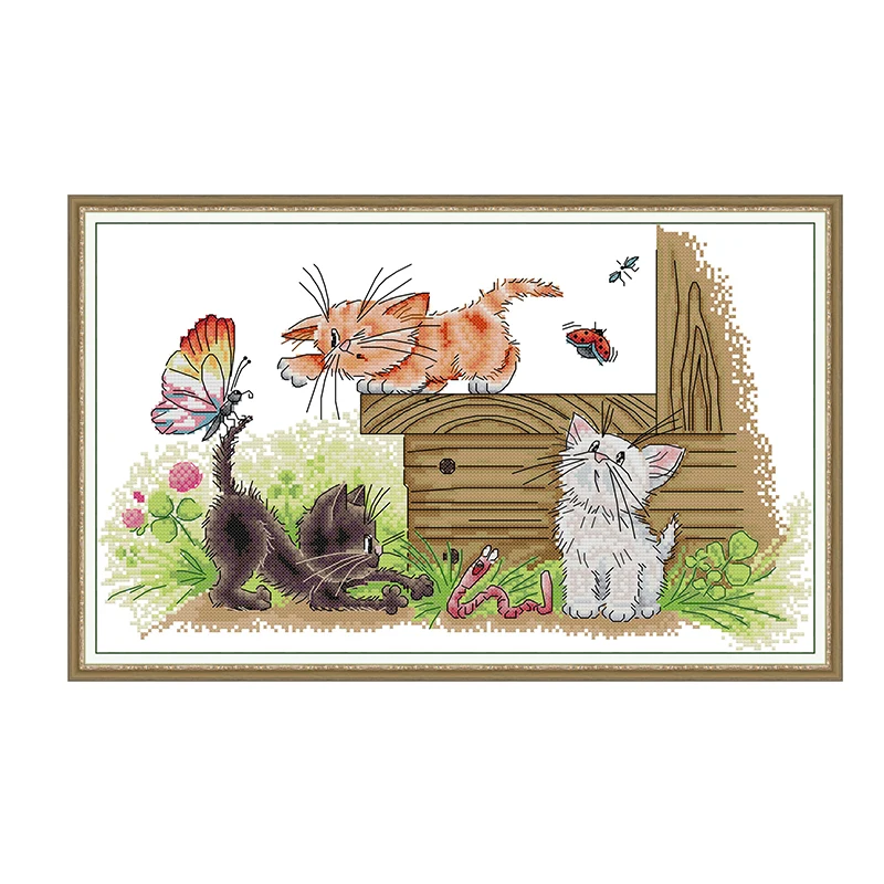 Three kittens catching butterflies cross stitch kit DIY animal pattern Chinese embroidery 11CT 14CT sewing kit home decoration