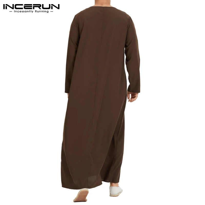 INCERUN Men Muslim Arabic Kaftan Islamic Long Sleeve Abaya Robes Solid Color Saudi Arabia Dress Jubba Thobe Men Clothing S-5XL