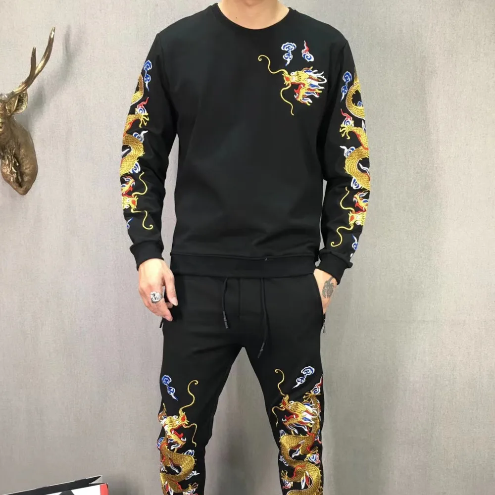 

Embroidery Luxury Dragon Mens Tracksuit 2 Piece Set Sweatshirt And Pants Suits Sets Trainingspak Mannen 2020 Black Men's Set