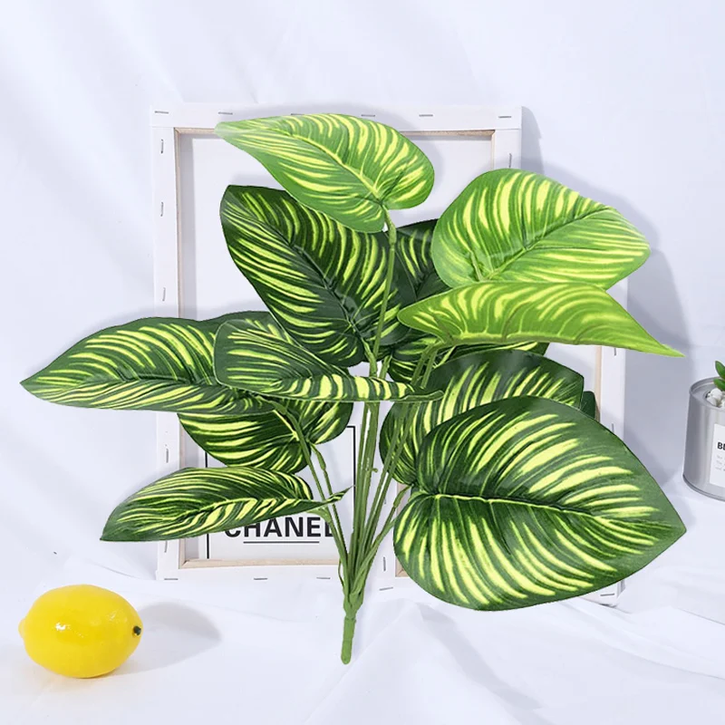 40cm 12Heads Tropical Monstera Leaf Artificial Plants Leaves Fake Palm Plastic Potted Tree Green Foliage For Office Home Decor