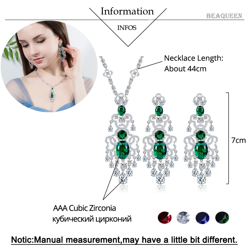 BeaQueen Green Crystal Micro Pave CZ Stone Large Hanging Drop Earrings Necklace Set for Women Wedding Jewelry Gift JS030