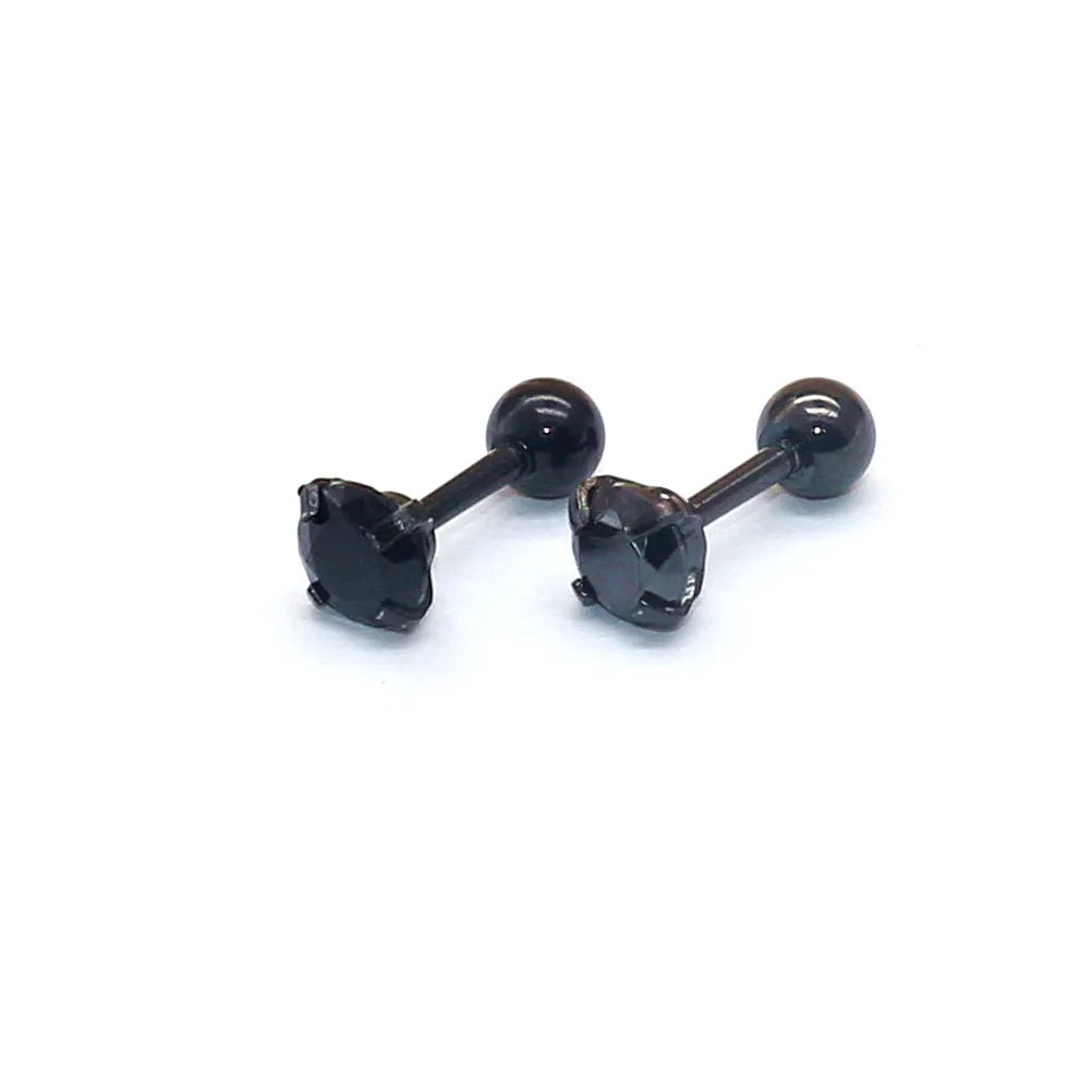 1couple Stainless Steel Screw-back Zircon Stud Earrings 2mm to 8mm Classical Style Black IP Plating No Easy Fade Allergy Free