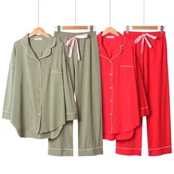 2024 Spring And Autumn New Women Solid Color Simple Style Pajamas Set Ladies Comfort Cotton Large Size Loose Homewear For Femme