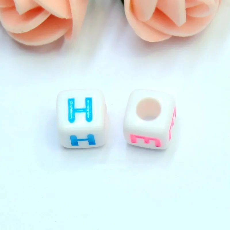 Cube Acrylic Letter Beads 8*8mm 1100pcs Big Hole Square White with Colorful Initial Englisch Character Loose Alphabet Beads