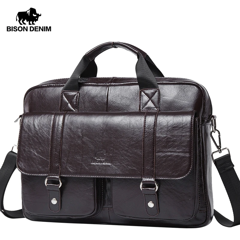 BISON DENIM Genuine Leather Men Bag Large Capacity Handbag 14\