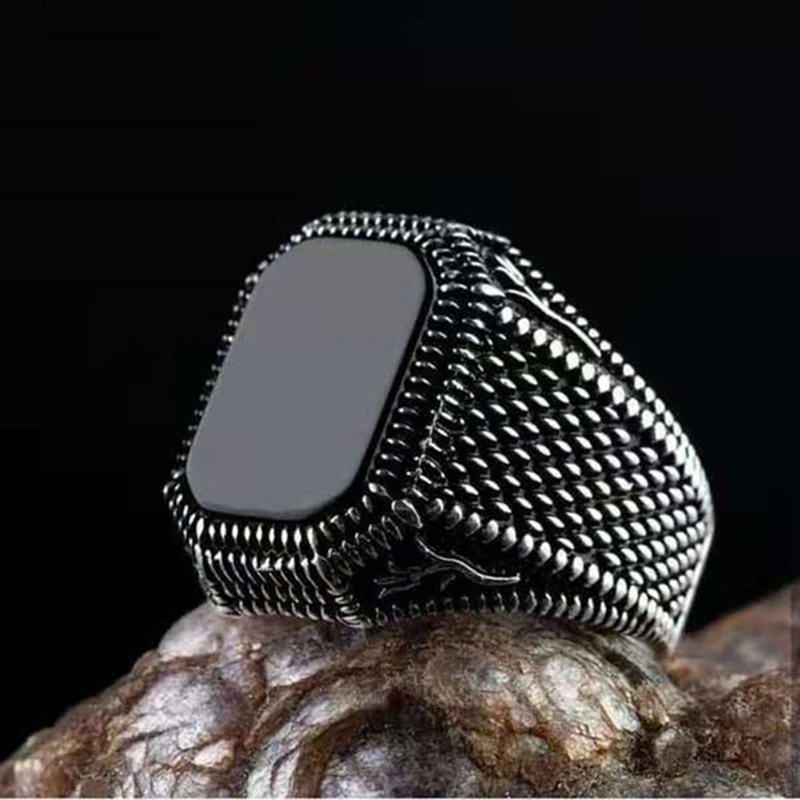 Vintage Geometric Flower Pattern Handmade Black Zircon Rings for Men Anniversary Jewelry Accessories Punk Stainless Steel Rings