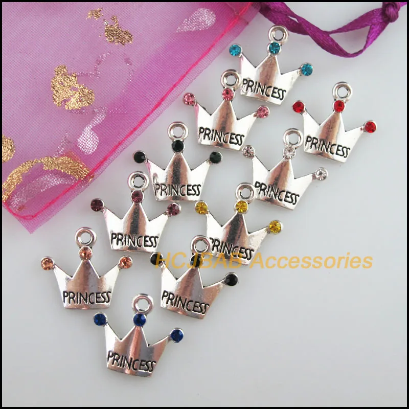 20 New Princess Crown Charms Tibetan Silver Tone Mixed Crystal Pendants 17x19mm