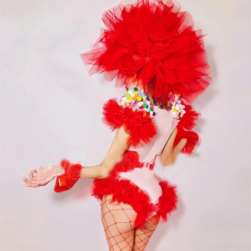 Sexy Gogo Dancer Costumes Red Fur Bodysuit Big Lace Headdress Women Christmas Ds Dj Set Pole Dance Outfit Clubwear XS3243