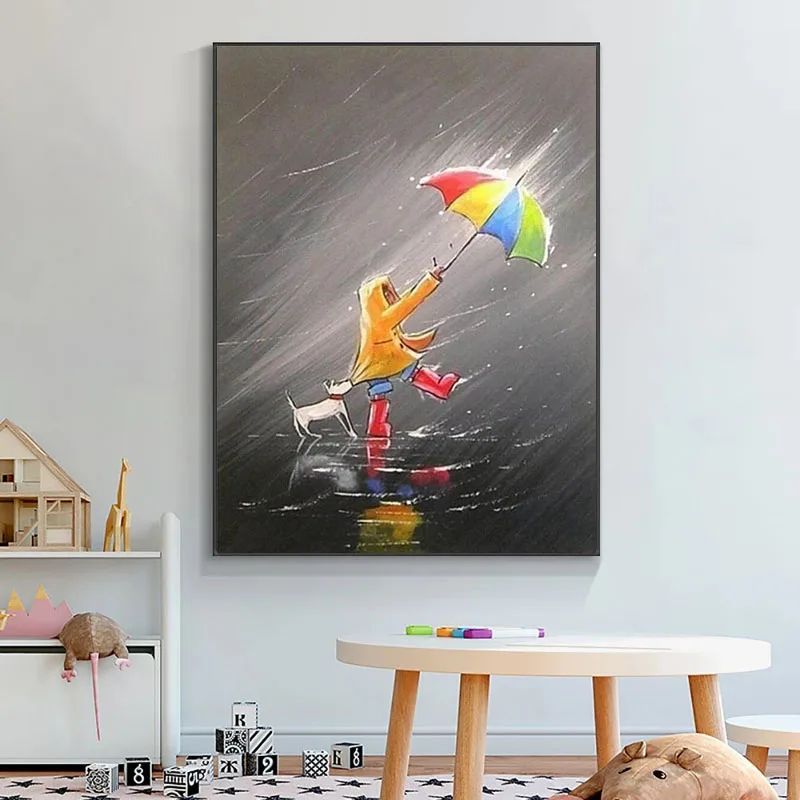 

Large Size Handmade Oil Painting On Canvas Kid Playing In The Rain Modern Home Decor Abstract Wall Art Picture For Living Room