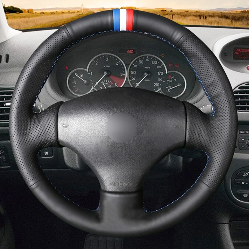 Hand-stitched Black Leather Car Steering Wheel Cover for Peugeot 206 1998-2005 206 SW 2003 2004 2005 206 CC 2004 2005