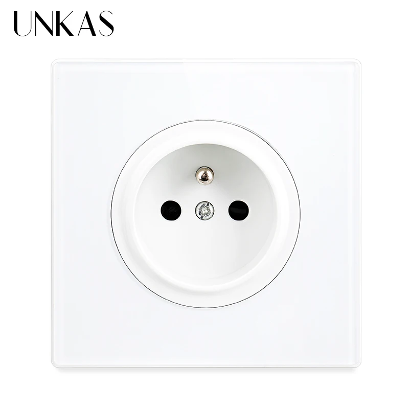 UNKAS White Gray Black Light LED Indicator French Wall Power Socket Tempered Crystal Glass Panel 86MM*86MM Grey Outlet