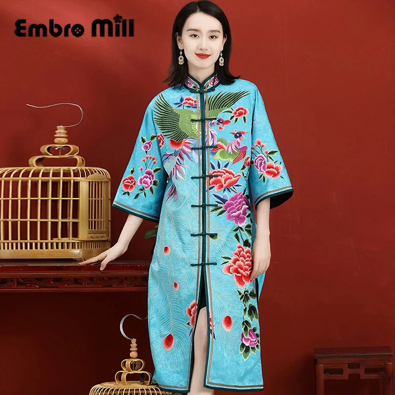 Spring And Autumn High-End Custom Chinese Style Hand Embroidery Phoenix Three Quarter Sleeve Mid-Length Lady Coat S-3XL