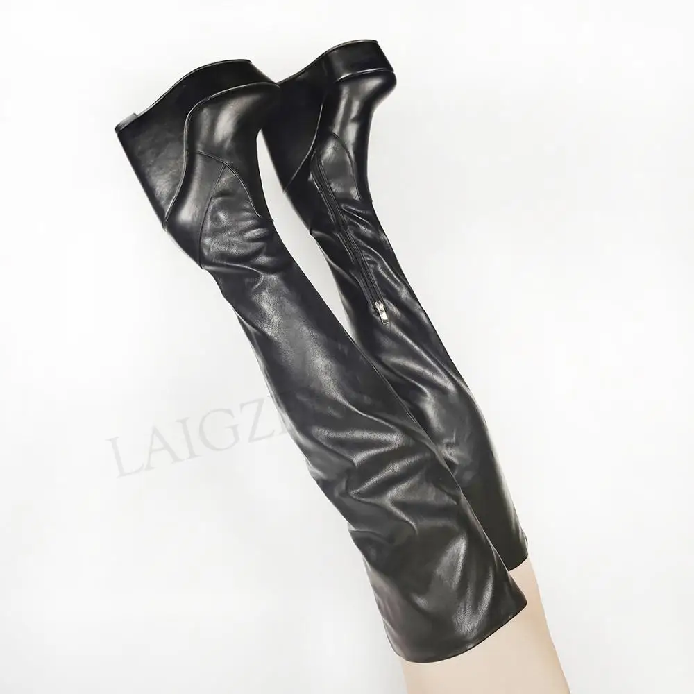 LAIGZEM Women Over Knee High Platform Wedge Boots Faux Leather Zipper Heels Boots Botines Mujer Large Size 44 46 47 50 52