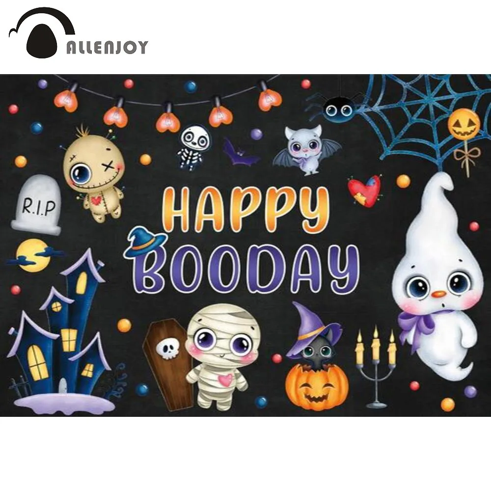 

Allenjoy Happy Birthday Halloween Party Backdrop Cartoon Ghost Kids Skull Pumpkin Castle Dots Lights Bat Spider Web Background