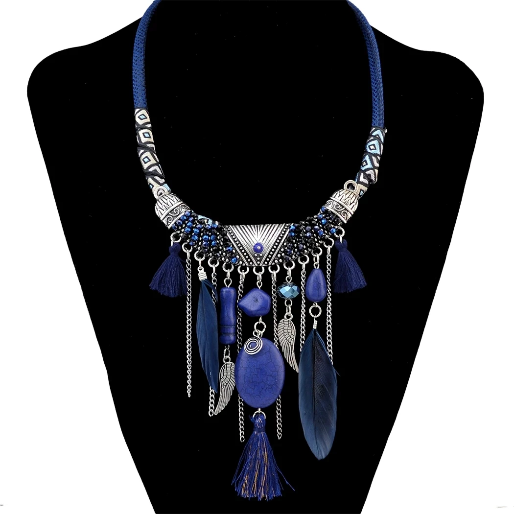 Ethnic Vintage Boho Thread Long Tassel Necklaces For Women Feather Beads Necklace Bohemian Gypsy Turkish Party Jewelry Gift