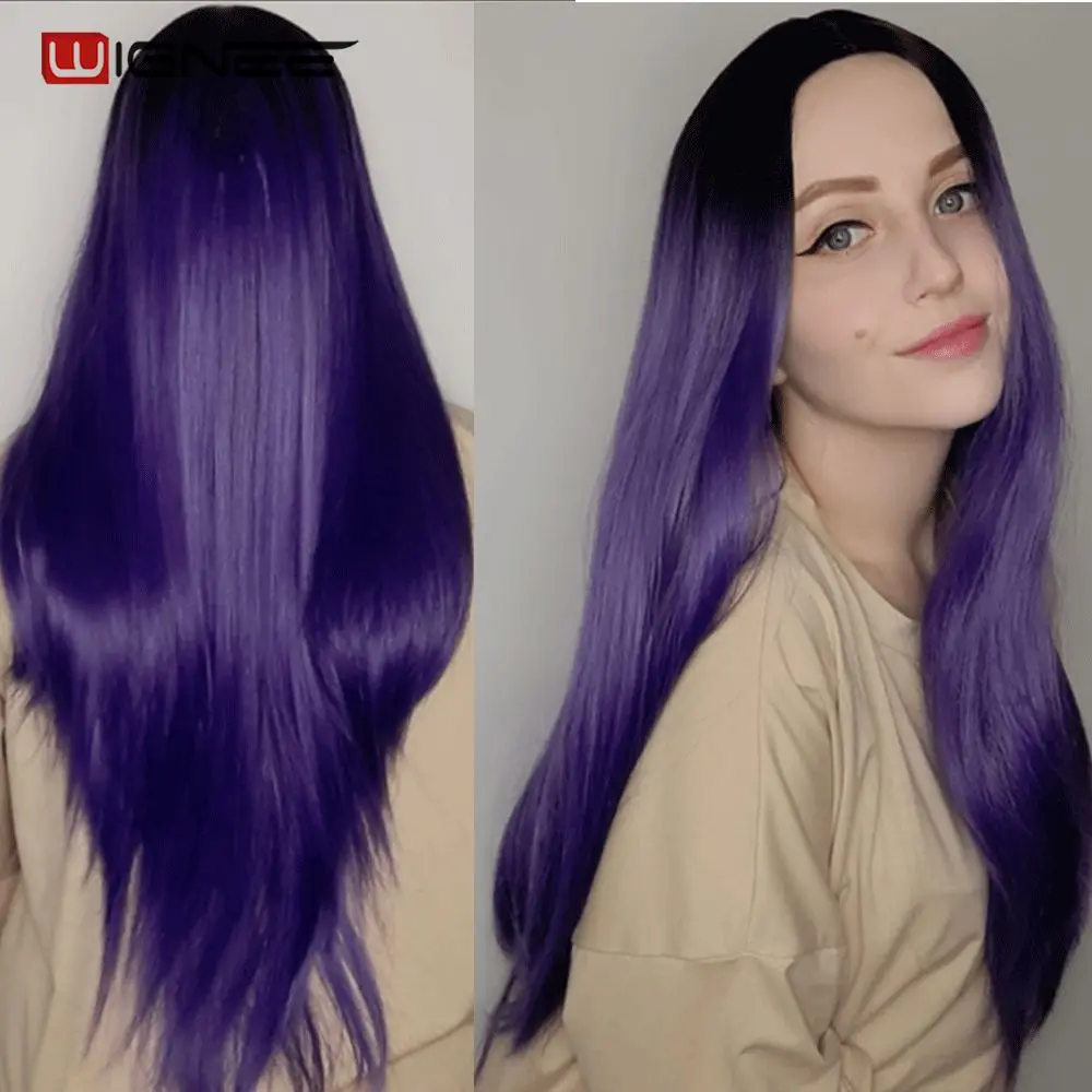 Wignee Long Synthetic Wig Straight Hair Middle Part For Women Ombre Purple Natural Hair Glueless Daily/Cosplay Female Hair Wigs