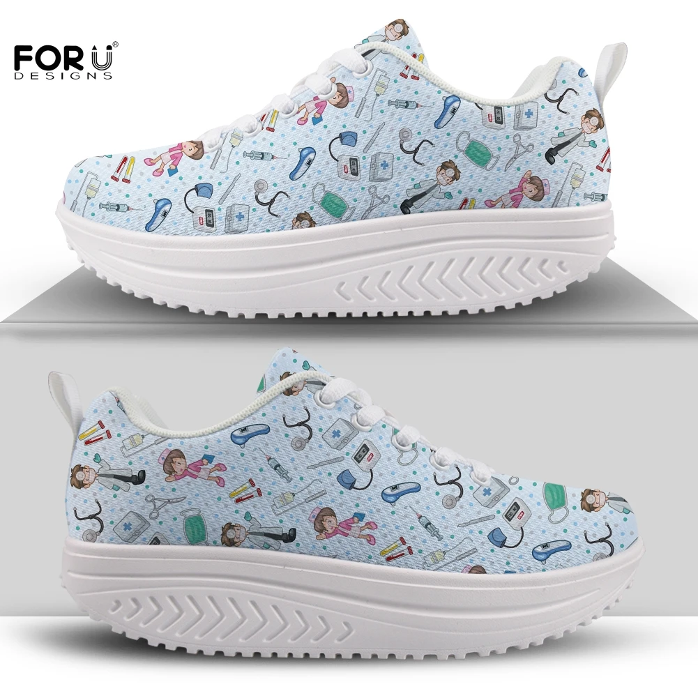 

FORUDESIGNS Casual Women Cartoon Nurse Flat Shoes 3D Prints Spring Height Increasing Female Slimming Shoes Swing Shoes For Girls