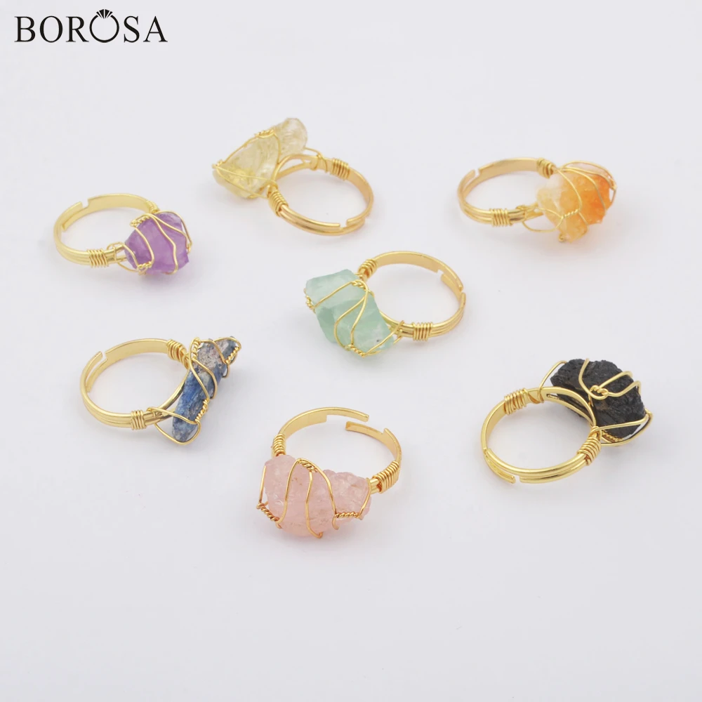 Raw Healing Crystal Ring Gold Color Natural Stone Wire Wrapped Rings for Women, Rough Green Fluorite Crystal Quartz Ring WX1796