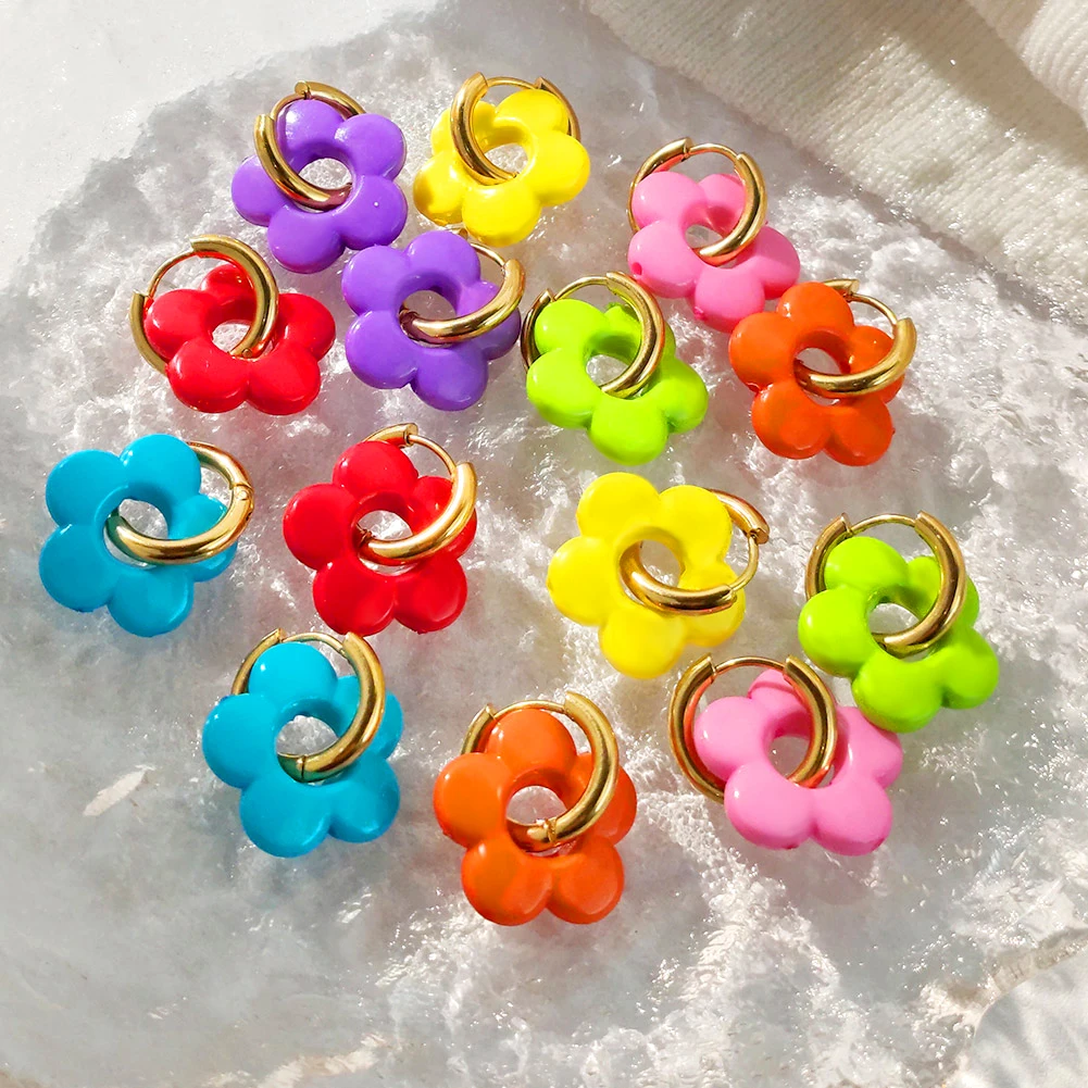 Trendy Cute Candy Color Flower Pendant Hoop Earrings For Women Colorful Acrylic Flowers Circle Hoop Earring Y2K Korean Jewelry