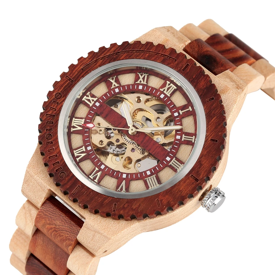 Men\'s Watch Wooden Watches Unique Automatic Business Mechanical Watch Wood Band Clock Skeleton Hollow Watch top Brand Luxury