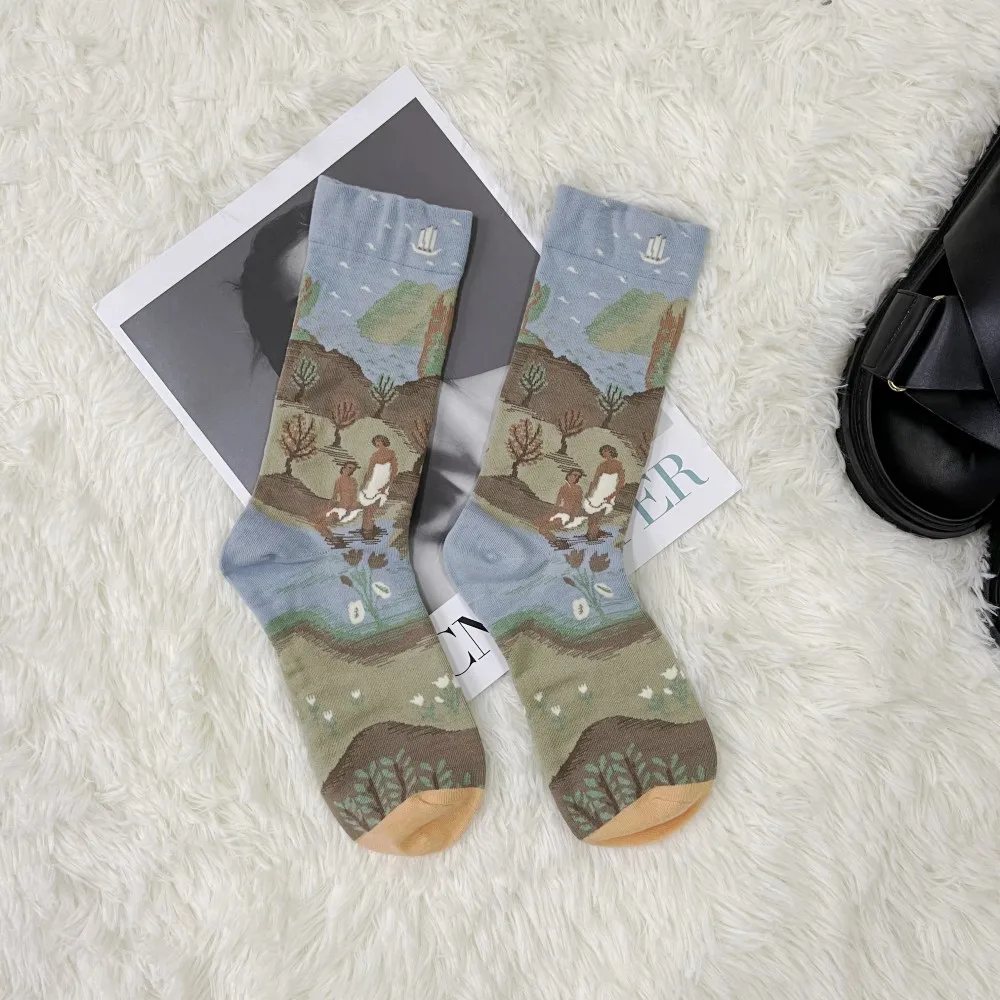 Combed Cotton Colorful Retro Oil Painting Socks Women Men Cartoon Creative Portrait Plants Animal Abstract Art Funny Happy Socks