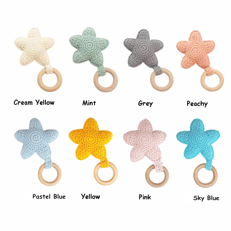 Chenkai 1PCS Crochet Star Nature Wood Ring Pacifier Dummy Teether Grasper DIY Infant Sensory Bite Jewelry Baby Teethering Toy