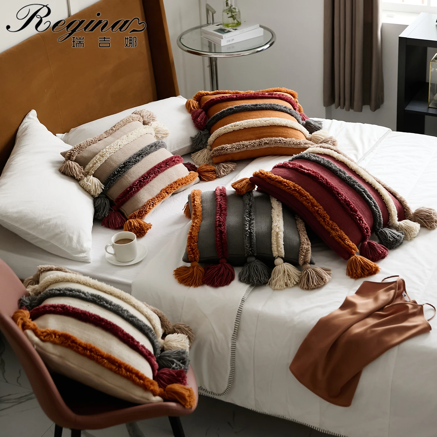 

REGINA Bohemian Decor Tufted Cushion Cover Colorful Stripe Tassel Living Room Bedroom Decoration Knitted Throw Pillow Case Cover