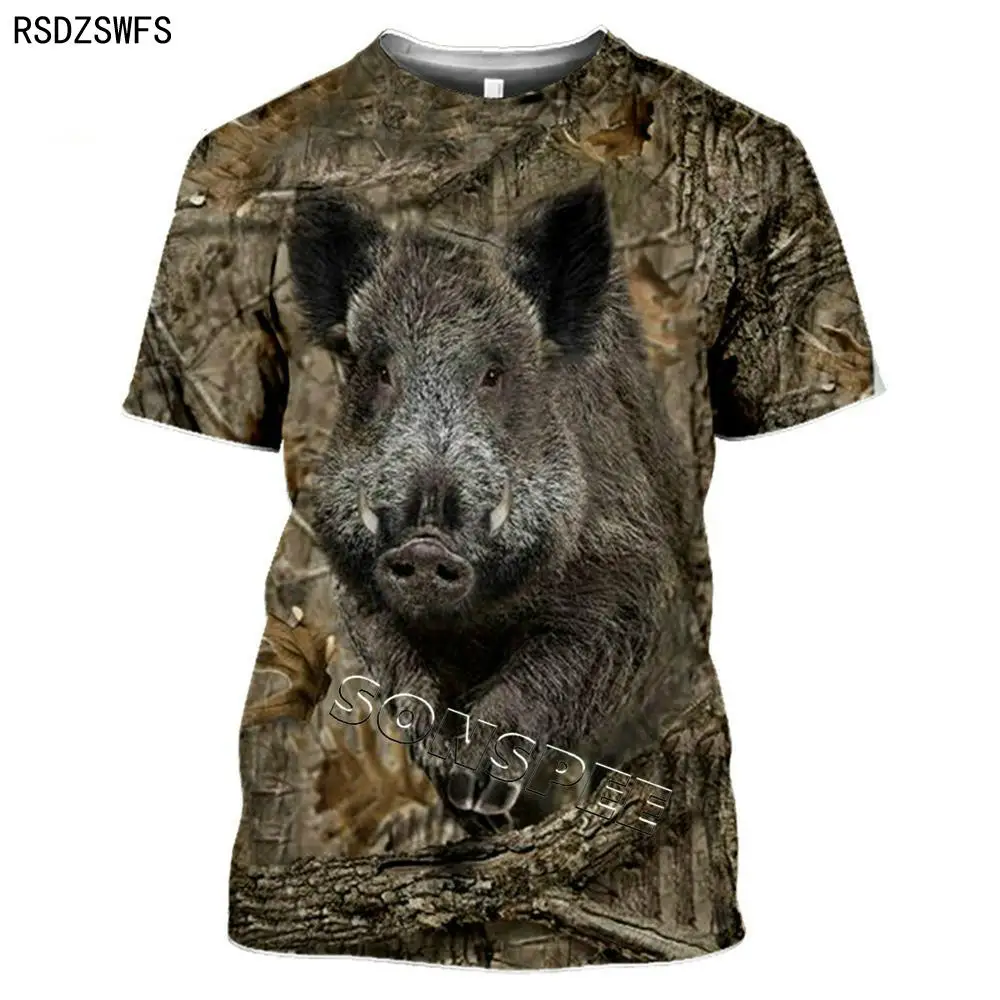 Men's Women's Fashion Funny T-Shirt Camouflage O-Neck Short Sleeve Streetwear Casual Animal Hunting Wild Boar Graphic Tops Tee