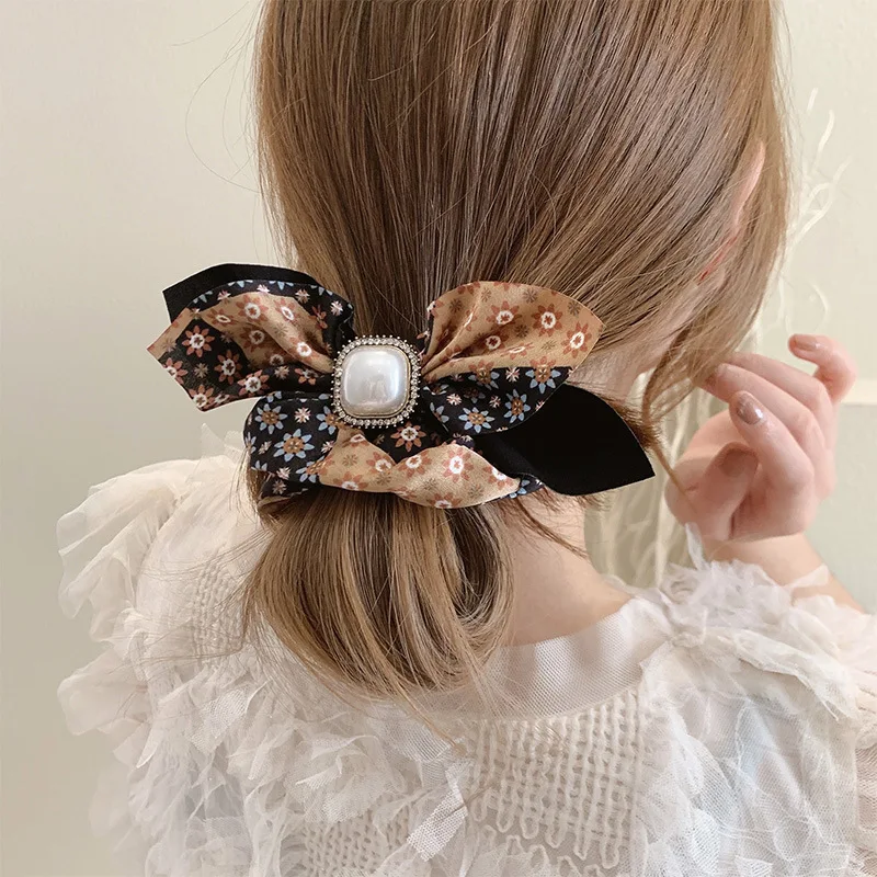 Diamond-Studded Pearl Floral Bow Bow Large Intestine Hair Ring 2021 Super Fairy Headdress Girl Sweet Heart Hair Accessories