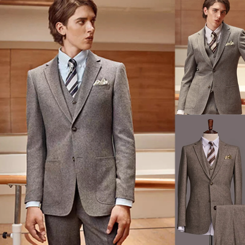 

Vintage Men Tuxedos Custom Made Notched Lapel Woolen Blazer 3 Pieces Set (Vest + Pants + Jacket ) Daily Smart Casual Coat