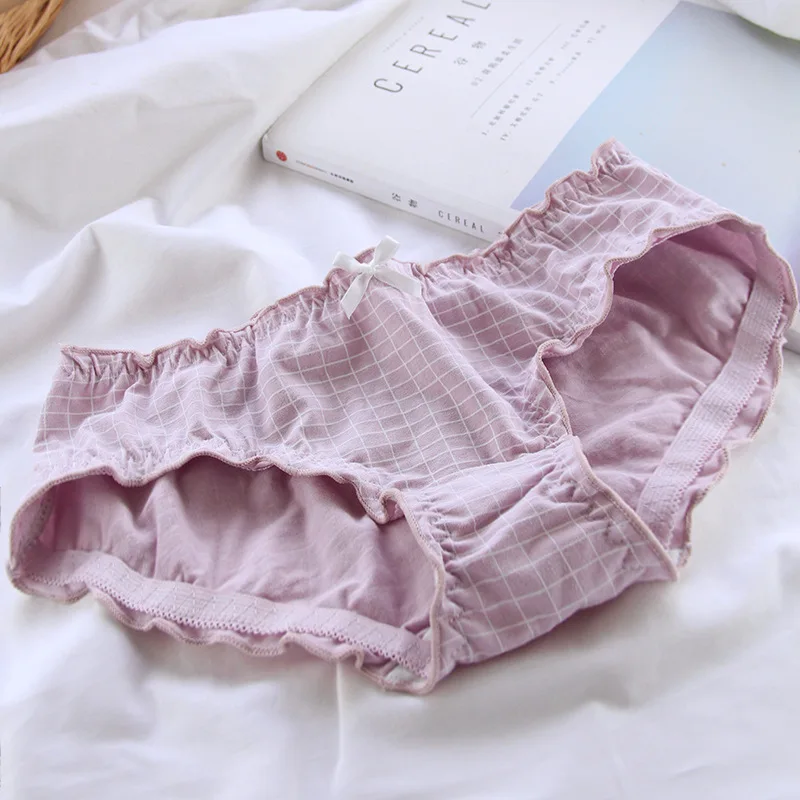 Ruffle Panties Cotton Breathable Underpants Girls Lolita Plaid Cute Briefs Middle Waist Young Lady Women Underwear Plus Size