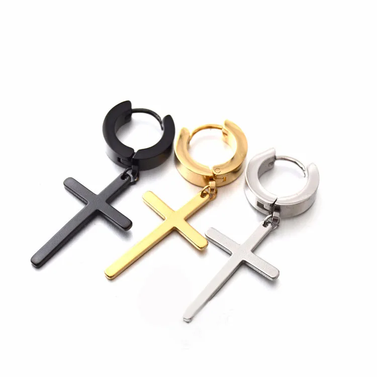 2 PCS/Pack Gold/Black/Silver Color Women Men's Stainless Steel Cross Drop Earrings Gothic Punk Rock Style Pendientes Mujer Moda