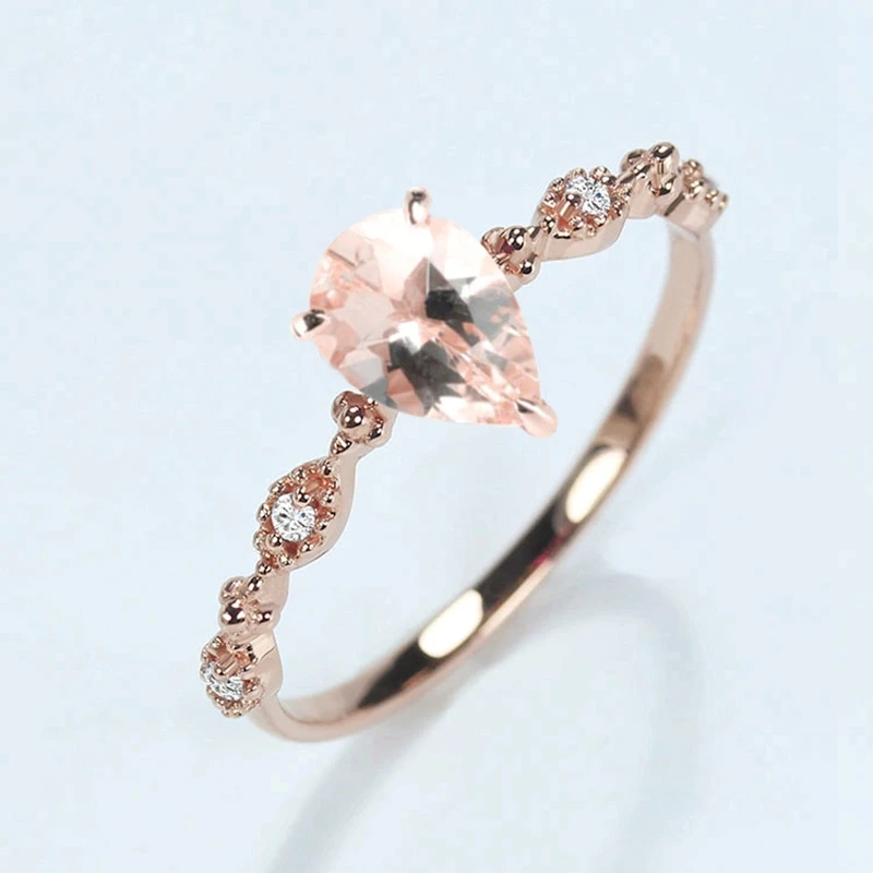 HELON Solid 14k Rose Gold Morganite Pear cut 5x7mm Natural Morganite & DiamondsWomen Trendy Fine Jewelry Engagement Wedding Ring