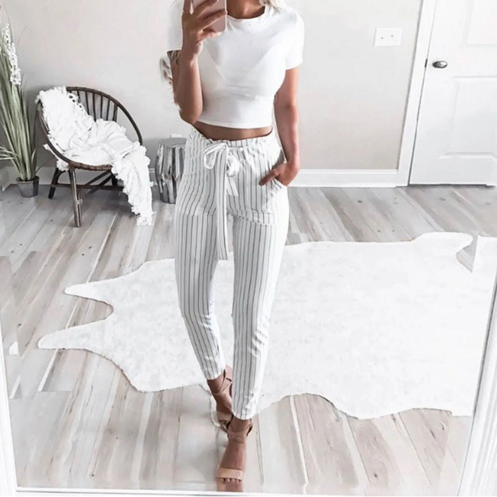 Nice Spring Trouser Suits Women Striped High Waist Harem Pants Women Bowtie Elastic Waist Casual Pants Girls Pants Streetwear