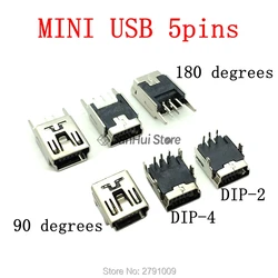 20PCS Mini USB SMD 5 Pins Female Mini B Socket Connector Plug 180 degrees / 90 degrees DIP-2 DIP-4 USB Connector For Phone