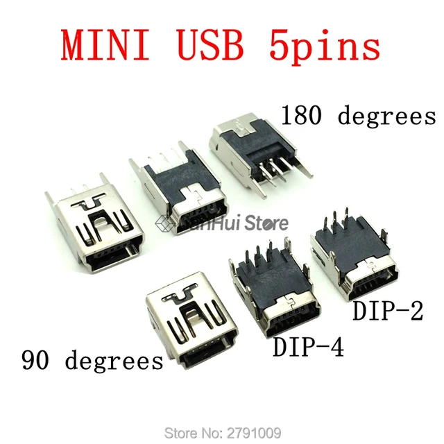 20 SZTUK Mini USB SMD 5-pinowe żeńskie złącze Mini B Wtyczka 180 stopni / 90 stopni DIP-2 DIP-4 Złącze USB do telefonu