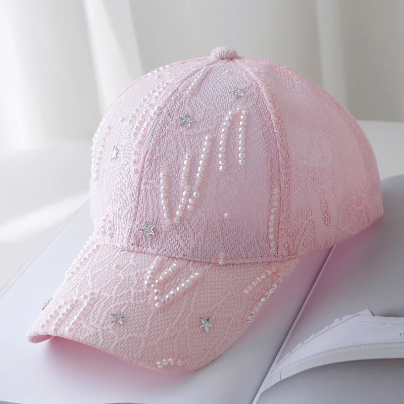 Summer Women\'s Hat Korean Fashion Wild Rhinestone Outdoor Sunscreen Baseball Caps Ladies Lace Thin Breathable Mesh Cap