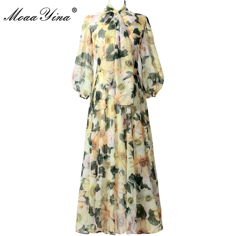 MoaaYina 2021 Bohemian Vacation Chiffon Dress Women Fashion Runway Summer Long sleeve Yellow Camellia Print Elegant Midi Dress