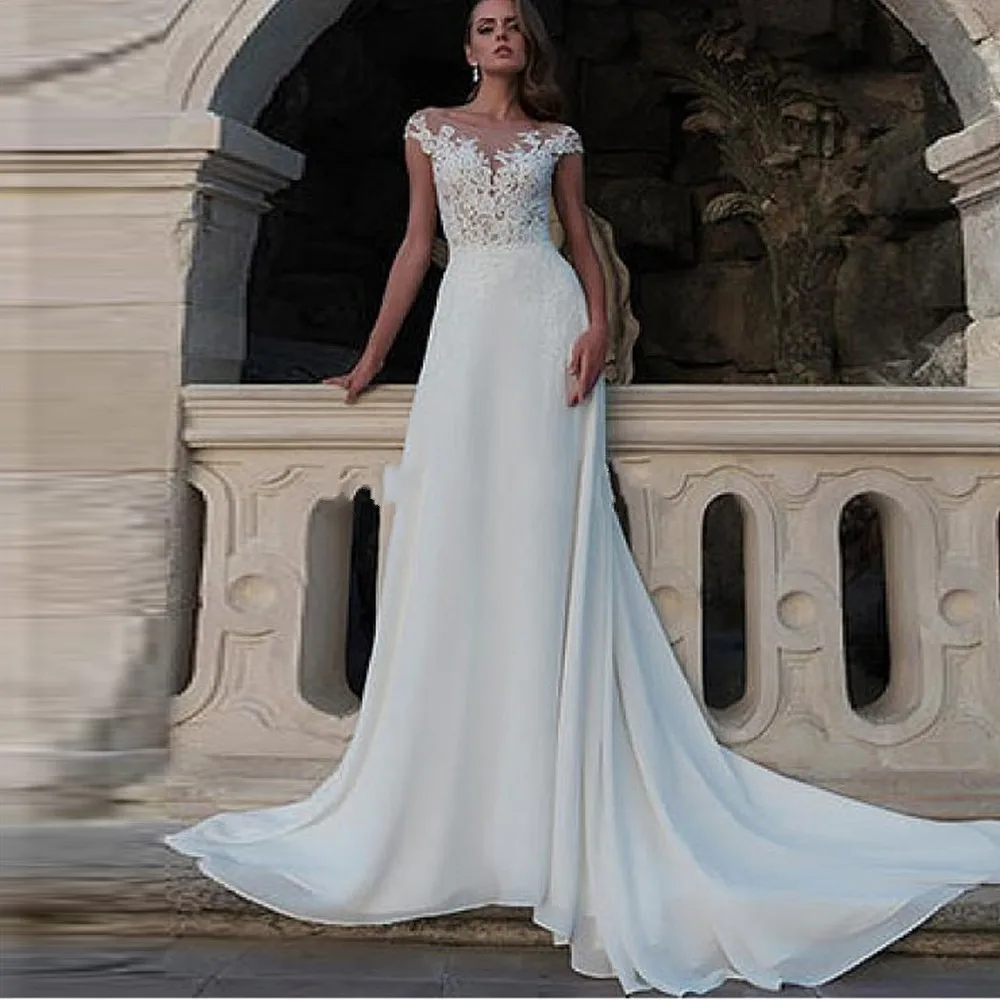 

Chiffon Bateau Neckline A-Line Wedding Dresses With Beading White Lace Appliques Open Back Bridal Gowns 2020 Robe de Mariee